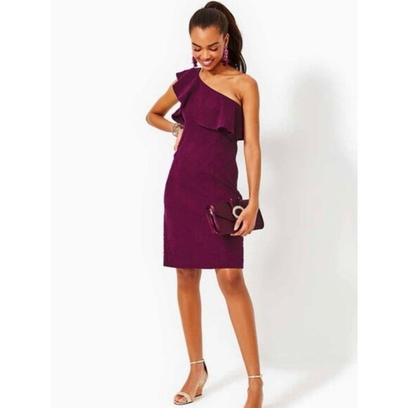 LILLY PULITZER Bordeaux Knit Pucker Jacquard One Shoulder Dress Sz 14 NEW NWT - Picture 4 of 5